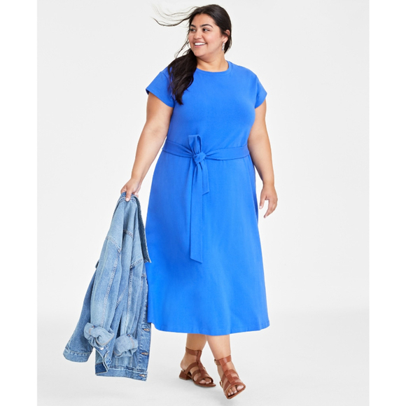 On 34th Plus Size 2X Cobalt Blue Tie-Waist A-Line Knit Midi Dress NWT - Picture 1 of 5
